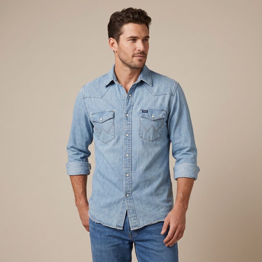 Wrangler Cowboy Cut Western Denim Pearl Snap Shirt Light Wash Blue Size M